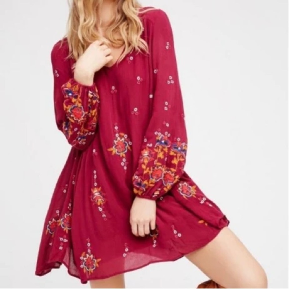 Free People Magenta Oxford Boho Embroidered Long Sleeve Mini Dress Small